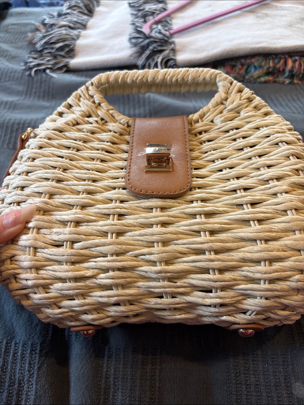 Woven Mini Top-Handle Bag in Natural with Tan Trim